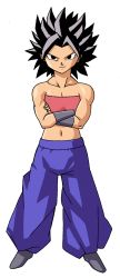 Rule 34 | 10s, caulifla, crossed arms, dragon ball, dragon ball super, for-somebody, highres, midriff, muscular, navel, official style, pants, spiked hair, strapless, tube top