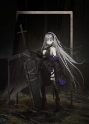 Rule 34 | 1girl, black gloves, black thighhighs, blunt bangs, boots, cinkai, cleavage cutout, clothing cutout, commission, dark, frown, gloves, grass, halterneck, high heels, highres, light particles, long hair, looking at viewer, original, oversized object, pale skin, purple eyes, serious, silver hair, sleeveless, solo, sword, thighhighs, weapon