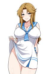 Rule 34 | 1girl, bare shoulders, blue eyes, blue neckerchief, blue sailor collar, blush, breasts, brown hair, cleavage, closed mouth, clothes lift, collarbone, commentary request, cowboy shot, groin, highres, idolmaster, idolmaster cinderella girls, impossible clothes, impossible swimsuit, large breasts, lifted by self, long hair, looking at viewer, matsumoto sarina, neckerchief, one-piece swimsuit, parted bangs, sailor collar, sailor one-piece swimsuit, sailor swimsuit (idolmaster), shiny skin, shirt lift, sidelocks, simple background, smile, solo, standing, swimsuit, swimsuit lift, tawashi1623, thighs, white background