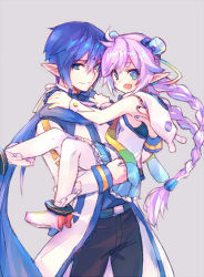 Rule 34 | 1boy, 1girl, animal hood, blue eyes, blue hair, braid, character request, ciel (elsword), coat, cosplay, elsword, fang, holding person, hood, kaito (vocaloid), long hair, luciela r. sourcream, pointy ears, ponytail, scarf, skin fang, smile, star-shaped pupils, star (symbol), symbol-shaped pupils, twin braids, very long hair, vocaloid, wanko (takohati8)