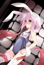 Rule 34 | 10s, 1girl, alternate costume, animal ears, bare shoulders, blush, d-pad, flat chest, fur, hair between eyes, hair ornament, hairclip, hand on thigh, hatsumi ponpei, leotard, name tag, neptune (neptunia), neptune (series), pink hair, playboy bunny, purple eyes, rabbit ears, rabbit girl, rabbit tail, short hair, solo, sweat, tail, tentacles, thighhighs, white thighhighs