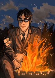 Rule 34 | 1-nichi gaishutsuroku hanchou, 1boy, absurdres, black eyes, black hair, black jacket, black necktie, black pants, blazer, blue sky, campfire, closed mouth, cloud, collared shirt, commentary request, cooking, feet out of frame, fire, formal, fukumoto nobuyuki (style), highres, jacket, kaiji, long sleeves, male focus, minahamu, miyamoto hajime, necktie, night, official style, pants, parody, pointy nose, s&#039;more, shirt, short bangs, short hair, sky, smile, solo, style parody, suit, sunglasses, thick eyebrows, v-shaped eyebrows, white shirt