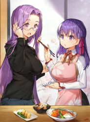 Rule 34 | 2girls, apron, breasts, chopsticks, commentary, commentary request, fate/stay night, fate (series), food, glasses, hair ribbon, homurahara academy school uniform, large breasts, long hair, matou sakura, medusa (fate), medusa (rider) (fate), multiple girls, pink apron, plate, purple eyes, purple hair, ribbon, school uniform, sweater, turtleneck, turtleneck sweater, whoisshe
