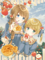 Rule 34 | 2girls, :q, apple, apple hair ornament, apple pie, arms up, basket, blonde hair, blue dress, blue eyes, blue sky, blurry, blurry background, braid, braided ponytail, brown hair, cloud, commentary, cup, day, dress, eating, expressionless, flower, food, food-themed hair ornament, fork, fruit, hair flower, hair ornament, hair ribbon, holding, holding food, holding fork, holding fruit, holding plate, kompeitou (lemon garden), light blush, long hair, long sleeves, multiple girls, orchard, original, outdoors, pie, pie slice, plate, ribbon, saucer, short hair, sky, smile, spatula, symbol-only commentary, teacup, tongue, tongue out, two side up, white flower