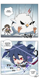 Rule 34 | 2023, 2girls, 2koma, absurdres, artofmiin, bird, black shorts, blue hair, brown hair, chicken, chinese clothes, comic, commentary, english commentary, highres, holding, holding sword, holding weapon, honkai: star rail, honkai (series), long hair, long sleeves, multiple girls, open mouth, red eyes, seele (honkai: star rail), shorts, source quote, speech bubble, standing, sushang (honkai: star rail), sword, thigh strap, weapon