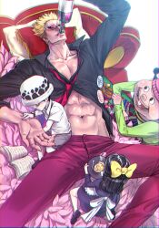 Rule 34 | 1girl, 3boys, abs, aged down, baby 5, black hair, black shirt, book, bottle, buck teeth, buffalo (one piece), candy, donquixote doflamingo, drinking, eg (eastg111), food, from above, highres, holding, holding bottle, looking at another, lying, multiple boys, muscular, muscular male, on bed, one piece, pale skin, partially unbuttoned, pectoral cleavage, pectorals, shirt, short hair, sitting, sunglasses, teeth, tinted eyewear, trafalgar law, white-framed eyewear
