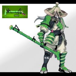 Rule 34 | 1boy, armor, bamboo, bamboozler 14 (splatoon), beard, black gloves, dark-skinned male, dark skin, facial hair, full body, gloves, grey hair, hat, highres, holding, holding weapon, japanese armor, japanese clothes, long hair, male focus, mustache, nintendo, personification, reference inset, sido (slipknot), signature, simple background, solo, splatoon (series), standing, weapon