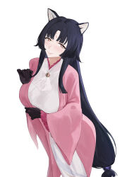 Rule 34 | 1girl, animal ear fluff, animal ears, arknights, black hair, breasts, brown eyes, closed mouth, dog ears, facial mark, feet out of frame, forehead mark, highres, japanese clothes, kimono, large breasts, long hair, long sleeves, looking at viewer, low ponytail, official alternate costume, parted bangs, saga (arknights), saga (there they be) (arknights), sawaki ken, smile, standing, very long hair, white kimono, wide sleeves