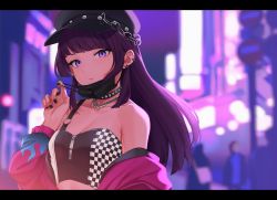 Rule 34 | bare shoulders, blurry, blurry background, choker, closed mouth, ear piercing, hat, highres, idolmaster, idolmaster shiny colors, jacket, jacket on shoulders, jewelry, mask, midriff, mouth mask, nail polish, necklace, piercing, purple eyes, purple hair, strapless, tanaka mamimi, tube top, ven (ven neojio), zipper