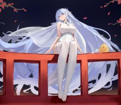Rule 34 | 1girl, absurdres, albion (azur lane), albion (scent of pring in the red-pavilion) (azur lane), albion (scent of spring in the red pavilion) (azur lane), architecture, azur lane, breasts, butterfly hair ornament, cup, dress, east asian architecture, falling petals, full body, garter straps, hair ornament, hand on railing, highres, lace, lace-trimmed thighhighs, large breasts, long hair, long pointy ears, looking at viewer, lump saury, manjuu (azur lane), muffin top, neck tassel, on railing, outdoors, pelvic curtain, petals, pointy ears, railing, see-through, see-through dress, simple background, solo, teacup, teapot, thighhighs, very long hair, white hair, white thighhighs