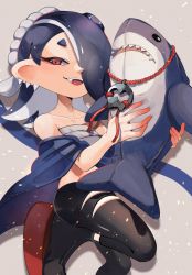 Rule 34 | 1girl, blue hair, chest sarashi, ear piercing, earrings, hair over one eye, highres, holding, holding toy, nintendo, octoling, octoling player character, okaranko, open mouth, piercing, red eyes, sarashi, shiver (splatoon), smile, solo, splatoon (series), splatoon 3, stuffed animal, stuffed shark, stuffed toy, tentacle hair, tooth earrings, torn clothes, torn legwear, toy