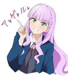 Rule 34 | 1girl, barkhorn0331, blue jacket, blunt bangs, blush, collared shirt, cropped torso, dress, green eyes, grey dress, highres, index finger raised, jacket, long hair, looking at viewer, love live!, love live! superstar!!, neck ribbon, open clothes, open jacket, purple hair, red ribbon, ribbon, school uniform, shirt, smile, solo, translation request, upper body, wavy hair, white background, white shirt, wien margarete, winter uniform, yuigaoka school uniform