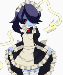 Rule 34 | 1girl, apron, blue skin, colored skin, leviathan (skullgirls), maid, maid apron, misaki naoe, simple background, skullgirls, squigly (skullgirls), stitched mouth, stitches, thighhighs, zombie