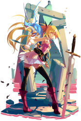Rule 34 | 1girl, bare shoulders, belt, black thighhighs, blonde hair, boots, dagger, detached sleeves, dragon, drake (tokitowa), fingerless gloves, full body, gloves, grin, highres, knee boots, knife, kukri, leaf, long hair, looking back, official art, ponytail, see-through silhouette, single glove, single sleeve, skirt, smile, solo, stairs, sword, thighhighs, toki to eien toki towa, torn clothes, torn gloves, torn skirt, torn thighhighs, towa (tokitowa), vofan, weapon, white gloves, wings, yellow eyes