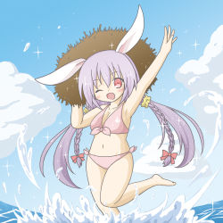 Rule 34 | 1girl, ;d, animal ears, arms up, bare arms, bare legs, bare shoulders, barefoot, bikini, blue sky, blush, bow, braid, breasts, cloud, collarbone, commentary request, day, front-tie bikini top, front-tie top, hair between eyes, hair bow, hair ornament, hair scrunchie, halterneck, hand on headwear, hat, head tilt, horizon, long hair, looking at viewer, navel, ocean, one eye closed, open mouth, original, outdoors, outstretched arm, pink bikini, purple eyes, rabbit ears, red bow, red eyes, ri-net, scrunchie, side-tie bikini bottom, sky, small breasts, smile, solo, sparkle, standing, standing on one leg, straw hat, swimsuit, twin braids, twintails, very long hair, water, yellow scrunchie