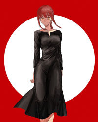 Rule 34 | 1girl, 4chi, arms behind back, black dress, braid, braided ponytail, breasts, chainsaw man, closed mouth, commentary, dress, eyelashes, feet out of frame, highres, looking at viewer, makima (chainsaw man), medium breasts, medium hair, orange eyes, red background, red hair, ringed eyes, sidelocks, simple background, smile, solo, standing, white background