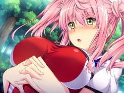 Rule 34 | 1girl, blush, breast hold, breasts, game cg, own hands clasped, large breasts, leotard, marushin (denwa0214), open mouth, own hands together, pink hair, red leotard, shirato usagi, short hair, solo, supokon! sports wear complex, tree, twintails, upper body, yellow eyes