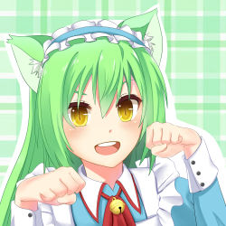 Rule 34 | 1girl, animal ears, bell, blush, borrowed character, cat ears, cat girl, commission, erwin candra, f.a.r., farmuhan, green hair, headdress, highres, long hair, looking at viewer, md5 mismatch, minami, minami farmuhan, open mouth, original, paw pose, plaid, plaid background, resized, slit pupils, solo, upscaled, yellow eyes
