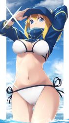 Rule 34 | 1girl, adjusting clothes, adjusting headwear, artoria pendragon (fate), baseball cap, beach, bikini, blonde hair, blue eyes, blue sky, border, breasts, cloud, cropped jacket, day, fate/grand order, fate (series), from below, gluteal fold, hat, highres, lens flare, looking at viewer, medium breasts, mku, mysterious heroine x (fate), mysterious heroine xx (fate), navel, partially submerged, shrug (clothing), side-tie bikini bottom, sky, solo, stomach, swimsuit, thigh gap, wading, water, white bikini, white border, wristband
