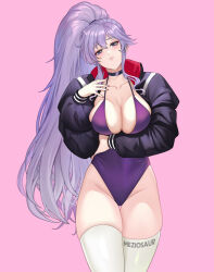 Rule 34 | 1girl, alternate breast size, alternate costume, artist name, blush, breasts, cleavage, closed mouth, commentary, contemporary, english commentary, fire emblem, fire emblem: genealogy of the holy war, hair between eyes, head tilt, highleg, highleg swimsuit, ishtar (fire emblem), jacket, large breasts, long hair, long sleeves, meziosaur, nintendo, one-piece swimsuit, open clothes, open jacket, pink background, ponytail, purple eyes, purple hair, purple one-piece swimsuit, sidelocks, simple background, solo, swimsuit, thighhighs, very long hair, white thighhighs