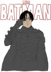 Rule 34 | 1boy, batman, batman (series), bruce wayne, dc comics, highres, male focus, otomo katsuhiro (style), robert pattinson, simple background, the batman (2022), tora0820, white background