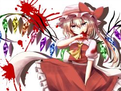 Rule 34 | 1girl, ascot, bad id, bad pixiv id, blonde hair, blood, blood stain, dress, flandre scarlet, frilled skirt, frills, hat, highres, indo (mdtanaka2007), licking, licking hand, long hair, looking at viewer, mob cap, puffy short sleeves, puffy sleeves, red eyes, ribbon, shadow, short sleeves, side ponytail, skirt, solo, tongue, tongue out, touhou, white background, wings