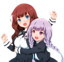 Rule 34 | 2girls, :d, arm up, assault lily, black ribbon, black skirt, blue eyes, blunt bangs, braid, breasts, brown hair, buttons, commentary request, cropped jacket, fukaiton, hand up, high-waist skirt, highres, hitotsuyanagi yuri, hug, hug from behind, juliet sleeves, kaede johan nouvel, large breasts, light blush, light purple hair, long hair, long sleeves, looking at another, low twin braids, multiple girls, neck ribbon, open mouth, pink eyes, puffy sleeves, ribbon, school uniform, shirt, simple background, skirt, smile, standing, teeth, twin braids, upper body, upper teeth only, white background, white shirt, yuri, yurigaoka girls academy school uniform