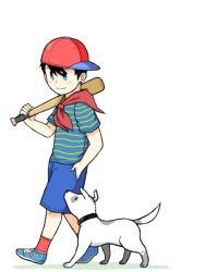Rule 34 | 1boy, baseball bat, black hair, blue eyes, blush stickers, dog, emcee, hand in pocket, male focus, mick (mother), mother (game), mother 1, neckerchief, ninten, nintendo, shirt, shoes, shorts, sideways hat, smile, sneakers, socks, striped clothes, striped shirt