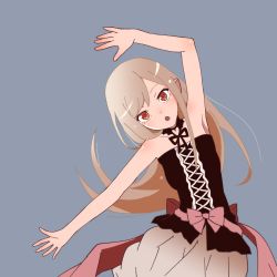 Rule 34 | 1girl, :o, arm up, armpits, bakemonogatari, bare arms, bare shoulders, black bow, black bowtie, black dress, blonde hair, bow, bowtie, brown eyes, commentary, dancing, dress, fooring, grey background, head tilt, highres, lace-up, long hair, looking at viewer, monogatari (series), open mouth, oshino shinobu, parted bangs, pink bow, pointy ears, simple background, sleeveless, sleeveless dress, solo, strapless, strapless dress, upper body