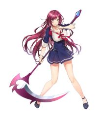 Rule 34 | akanezaki rio, blue eyes, blush, bracelet, breasts, cleavage, jewelry, large breasts, long hair, miniskirt, necklace, necktie, official art, omega labyrinth, omega labyrinth z, open mouth, red hair, scythe, skirt, solo, tousaki umiko