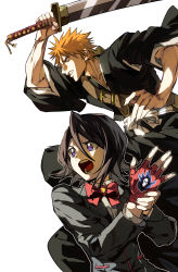 Rule 34 | 1boy, 1girl, absurdres, adjusting clothes, adjusting gloves, black hair, black jacket, black kimono, bleach, blue eyes, bow, bowtie, clenched teeth, collared shirt, feet out of frame, fighting stance, fingerless gloves, gloves, hair between eyes, highres, holding, holding sword, holding weapon, jacket, japanese clothes, kimono, kuchiki rukia, kurosaki ichigo, looking to the side, medium hair, open mouth, orange eyes, orange hair, red bow, red bowtie, red gloves, school uniform, shirt, short hair, spiked hair, sword, teeth, toned, toned male, upper body, weapon, white background, white shirt, xi luo an ya