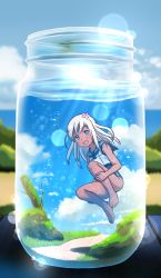 Rule 34 | 1girl, :d, blue eyes, blue sky, blurry, bottle, cloud, cloudy sky, commentary request, depth of field, flower, hair flower, hair ornament, in bottle, in container, kantai collection, hugging own legs, long hair, looking at viewer, open mouth, ro-500 (kancolle), school swimsuit, school uniform, serafuku, silver hair, sky, smile, solo, submerged, swimsuit, tan, tanline, tsukemon