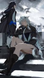 Rule 34 | 2girls, 44ou, absurdres, animal ears, arknights, black footwear, black gloves, black hair, black jacket, black pantyhose, black shirt, black vest, blue gloves, blue shorts, boots, brown eyes, buttons, fingerless gloves, full body, fur trim, gloves, grey eyes, grey hair, grin, hair ornament, hairclip, head rest, highres, jacket, jacket on shoulders, knee boots, lappland (arknights), lappland (refined horrormare) (arknights), long hair, long sleeves, looking ahead, looking at viewer, material growth, multiple girls, official alternate costume, open clothes, open jacket, oripathy lesion (arknights), outdoors, pantyhose, profile, rain, scar, scar across eye, shirt, shorts, sitting, sitting on stairs, smile, stairs, standing, texas (arknights), texas the omertosa (arknights), thigh strap, unbuttoned, vest, wet, white footwear, white shirt, wolf ears, wolf girl