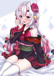 Rule 34 | 1girl, :d, bell, black kimono, blush, cropped legs, dot nose, double bun, fang, flower, frilled sleeves, frills, gold trim, gradient hair, hair bell, hair bun, hair ornament, hand in own hair, highres, hitodama, hololive, horns, japanese clothes, jingle bell, kimono, kouhaku nawa, long hair, looking at viewer, mask, mask on head, multicolored hair, nail polish, nakiri ayame, nakiri ayame (1st costume), obi, obiage, obijime, off shoulder, on bed, oni, oni mask, open mouth, pink eyes, pink nails, red hair, rope, sash, shimenawa, sitting, skin-covered horns, smile, solo, spider lily, streaked hair, takahashi (34103098), thighhighs, thighs, virtual youtuber, white hair, white thighhighs, wide sleeves