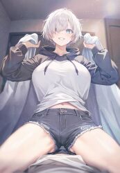 Rule 34 | 1girl, bed, blue eyes, blush, breasts, door, girl on top, hair over one eye, hood, hoodie, indoors, kurono mitsuki, large breasts, looking at viewer, messy hair, navel, original, pale skin, pov, short shorts, shorts, smile, solo, spread legs, white hair