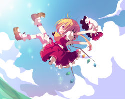 Rule 34 | 1girl, \o/, ana (rznuscrf), arms up, blonde hair, bobby socks, cloud, day, female focus, flandre scarlet, hat, unworn hat, unworn headwear, jumping, midair, mob cap, open mouth, outstretched arms, red eyes, short sleeves, side ponytail, skirt, sky, socks, solo, touhou, wings