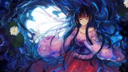 Rule 34 | 1girl, black hair, blue eyes, collarbone, floral print, flower, full moon, highres, hime cut, houraisan kaguya, japanese clothes, kimono, lily pad, long hair, long sleeves, looking down, lyiet, lying, lying on water, messy hair, moon, narrowed eyes, night, obi, off shoulder, on back, outdoors, partially submerged, reflection, ripples, sash, sleeves past wrists, smile, solo, touhou, upper body, wallpaper, water