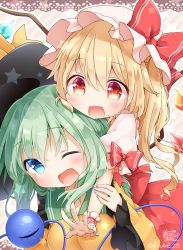 Rule 34 | 2girls, anzu ame, aqua nails, black headwear, blonde hair, blouse, blush, bow, buttons, collared shirt, commentary request, crystal, diamond button, eyeball, fang, flandre scarlet, frilled shirt, frilled shirt collar, frilled skirt, frilled sleeves, frills, green eyes, green hair, hair between eyes, hat, hat ribbon, hug, hug from behind, komeiji koishi, long sleeves, medium hair, mob cap, multiple girls, nail polish, one eye closed, one side up, open mouth, puffy short sleeves, puffy sleeves, red bow, red eyes, red nails, red ribbon, red skirt, red vest, ribbon, shirt, short sleeves, skirt, third eye, touhou, vest, white shirt, wide sleeves, wings, yellow ribbon, yellow shirt