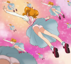 Rule 34 | 6+girls, ass, blurry, bobby socks, breasts, brown hair, curly hair, depth of field, dress, flying, from behind, full body, go! princess precure, gradient background, hair ribbon, haruyama kazunori, ichijou ranko, kneepits, lace, lace-trimmed panties, lace trim, legs, long sleeves, mary janes, multiple girls, multiple persona, orange hair, outstretched arms, panties, pantyshot, pink dress, pink panties, platform footwear, precure, puffy long sleeves, puffy sleeves, ribbon, shirt, shoes, short hair, short twintails, skirt, small breasts, socks, sparkle, spread arms, twintails, underwear, upskirt, white legwear, white shirt