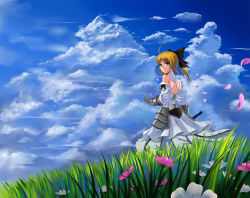 Rule 34 | 1girl, ahoge, armor, armored dress, artoria pendragon (fate), bare shoulders, blonde hair, bow, capcom, cloud, day, detached sleeves, dress, fate/stay night, fate/unlimited codes, fate (series), flower, gauntlets, grass, green eyes, hair ribbon, petals, ponytail, ribbon, saber (fate), saber lily, sky, solo, type-moon, windtalker