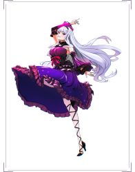 Rule 34 | 1girl, arm up, black hairband, black sleeves, bow, breasts, floating hair, framed, full body, grin, hairband, high heels, highres, idolmaster, idolmaster (classic), large breasts, layered sleeves, leg up, long hair, long skirt, long sleeves, multicolored sleeves, purple skirt, purple sleeves, red bow, red eyes, shijou takane, shortlydie, skirt, smile, solo, standing, standing on one leg, underbust, very long hair, white background, white hair