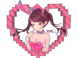 Rule 34 | 1girl, :p, adapted costume, alternate hairstyle, animal ears, animal print, arm behind back, bare shoulders, breasts, brown eyes, character name, choker, cleavage, collar, collarbone, d.va (overwatch), facebook username, facepaint, facial mark, fake animal ears, frilled choker, frills, hair ornament, hair tie, hand to own mouth, heart, highres, leotard, liu, long hair, looking at viewer, overwatch, overwatch 1, pink collar, pink leotard, playboy bunny, rabbit ears, rabbit print, sleeveless, small breasts, solo, strapless, strapless leotard, swept bangs, tongue, tongue out, twintails, upper body, watermark, web address, whisker markings, wrist cuffs