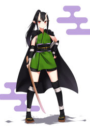 Rule 34 | 1girl, bike shorts, black cape, black hair, cape, commentary, commission, cowfee, english commentary, frown, full body, geta, hand on own hip, horns, long hair, looking at viewer, obi, oni, oni horns, original, pointy ears, red eyes, sarashi, sash, shin guards, simple background, sleeveless, solo, sword, weapon, wooden sword, wrist guards