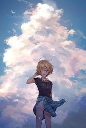 Rule 34 | 1girl, bird, black shirt, blonde hair, blue sky, blush, clothes around waist, cloud, commentary, cowboy shot, hair between eyes, hand in own hair, highres, idolmaster, idolmaster shiny colors, jacket, jacket around waist, jewelry, looking at viewer, necklace, outdoors, parted lips, purple eyes, saijo juri, shirt, short hair, short sleeves, shorts, sinomi, sky, smile, solo, white shorts, wind