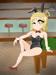 Rule 34 | 1girl, animal ears, artist name, artist request, bare legs, bare shoulders, billboard, black dress, blonde hair, blush, bow, braid, breasts, brown eyes, chibi, collarbone, collared dress, crown braid, dress, fake animal ears, female focus, full body, hair rings, high heels, highres, indoors, leotard, looking at viewer, love live!, love live! sunshine!!, ohara mari, one eye closed, pantyhose, parted lips, playboy bunny, rabbit ears, red bow, red footwear, short hair, sitting, sitting on table, small breasts, smile, solo, sushi samrai, table, yellow eyes