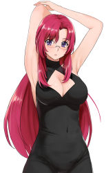 Rule 34 | 1girl, armpits, breasts, commentary request, covered navel, glasses, highres, kazami mizuho, large breasts, long hair, looking at viewer, onegai teacher, parted lips, pink hair, presenting armpit, purple eyes, red hair, sleeveless, sleeveless turtleneck, solo, teacher, turtleneck, yoo tenchi