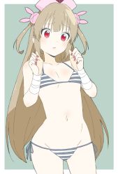 Rule 34 | 1girl, absurdres, bad id, bad twitter id, bandages, bikini, blush, breasts, closed mouth, collarbone, cowboy shot, donguri suzume, gluteal fold, groin, hair ornament, hat, heart, highres, light brown hair, long hair, nail polish, natori sana, navel, nurse cap, pink hat, rabbit hair ornament, red eyes, red nails, sana channel, small breasts, solo, striped bikini, striped clothes, swimsuit, two side up, very long hair, virtual youtuber
