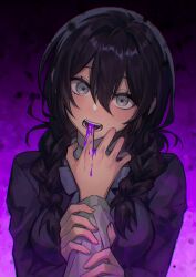 Rule 34 | 1girl, 1other, absurdres, biting, black hair, bow, bowtie, braid, breasts, finger biting, green eyes, grey bow, grey bowtie, hair between eyes, highres, holding another&#039;s arm, large breasts, long hair, long sleeves, looking at viewer, nanin, open mouth, original, pink background, pov, pov hands, solo focus, teeth, twin braids, yandere