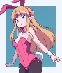 Rule 34 | 1girl, absurdres, animal ears, bare shoulders, blonde hair, blue background, blue eyes, bow, bowtie, breasts, bunny day, rabbit tail, cleavage, commentary, covered navel, cowboy shot, detached collar, fake animal ears, highres, leotard, long hair, looking at viewer, medium breasts, nintendo, open mouth, pantyhose, pink bow, pink leotard, playboy bunny, pointy ears, princess zelda, simple background, sleeveless, solo, super smash bros., tail, the legend of zelda, tiara, wrist cuffs, yokoyoko (nazonazo)
