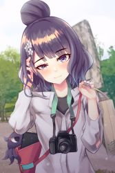 Rule 34 | 1girl, animal, arm up, bad id, bad pixiv id, bag, black shirt, blue sky, blurry, blurry background, blush, camera, closed mouth, commentary request, day, depth of field, fate/grand order, fate (series), fingernails, grey jacket, hair bun, hair ornament, half-closed eye, hamalu, hand in own hair, hand up, highres, holding, holding bag, jacket, katsushika hokusai (fate), katsushika hokusai (traveling outfit) (fate), nail polish, octopus, official alternate costume, outdoors, paper bag, purple eyes, purple hair, purple nails, shirt, shopping bag, shoulder bag, single hair bun, sky, solo, tree, uneven eyes